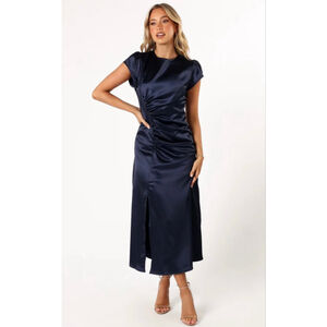 Navy Satin Midi Dress Size Small NWOT – Ruched Front, Cap Sleeves, Elegant Cockt